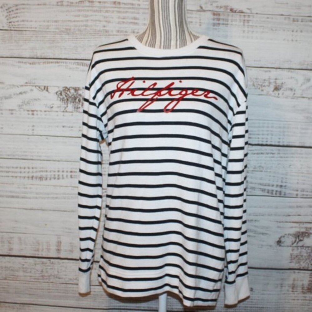 Tommy Hilfiger Sweatshirt Striped Spellout Terry Lightweight  Size Small